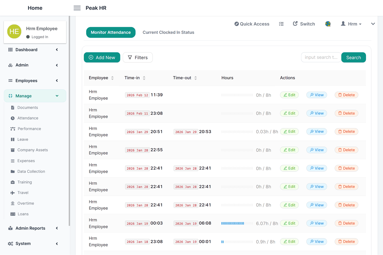 Peak HR attendance dashboard with daily punch records, absence exceptions, and regularization requests