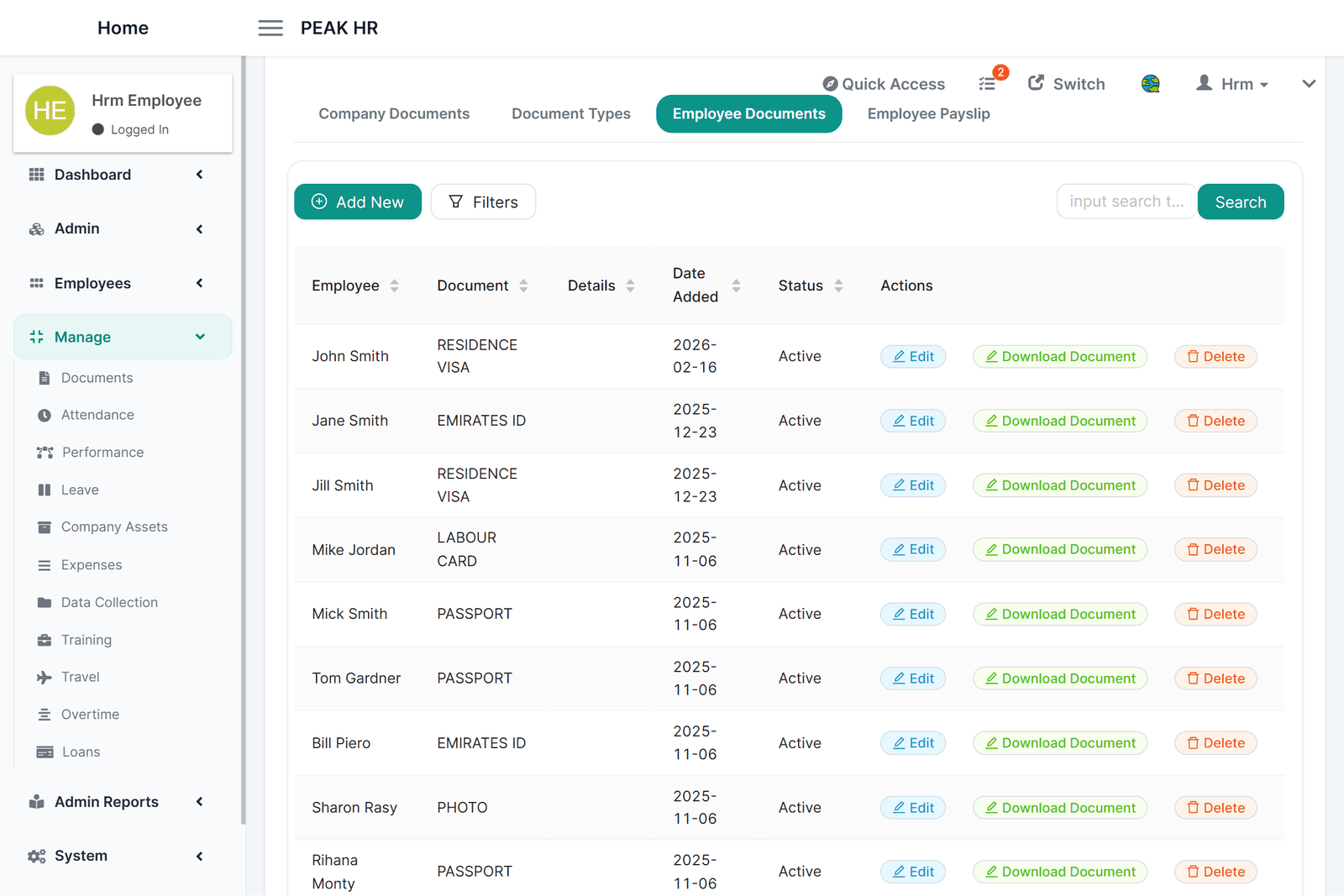 Peak HR document control screen tracking employee document expiry dates and renewal reminders