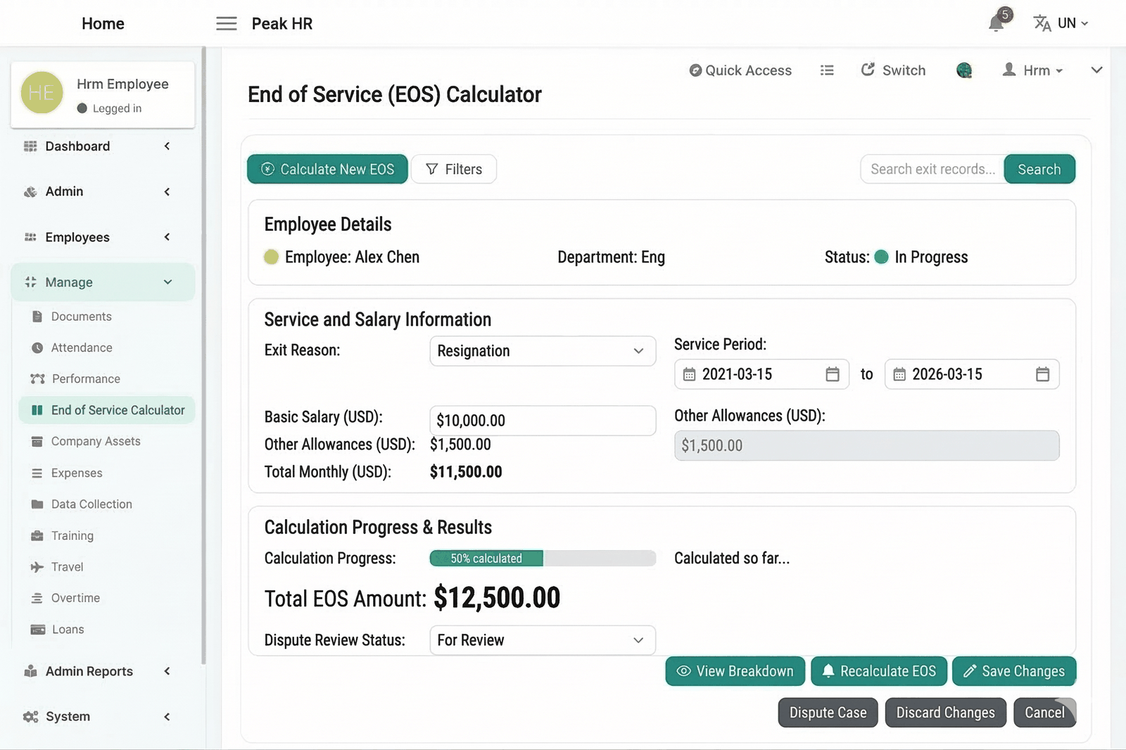 Peak HR end-of-service gratuity calculator estimating UAE EOSB settlement from salary and service length
