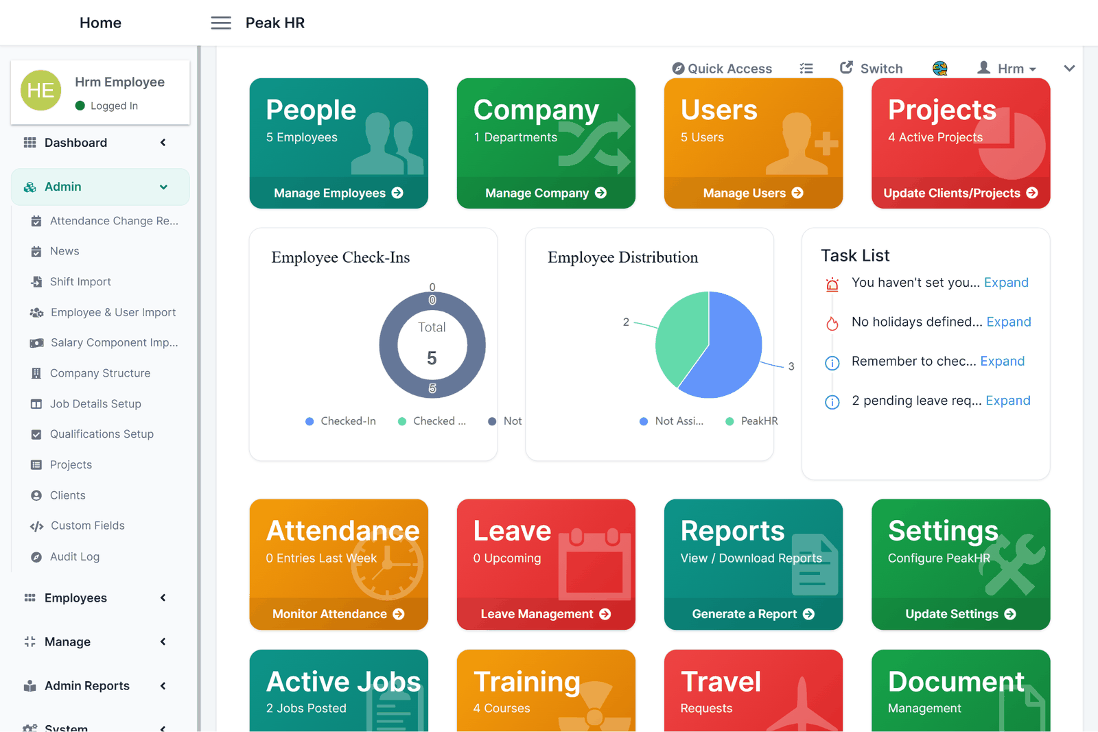 Peak HR global overview dashboard showing headcount, attendance summary, and pending HR approvals