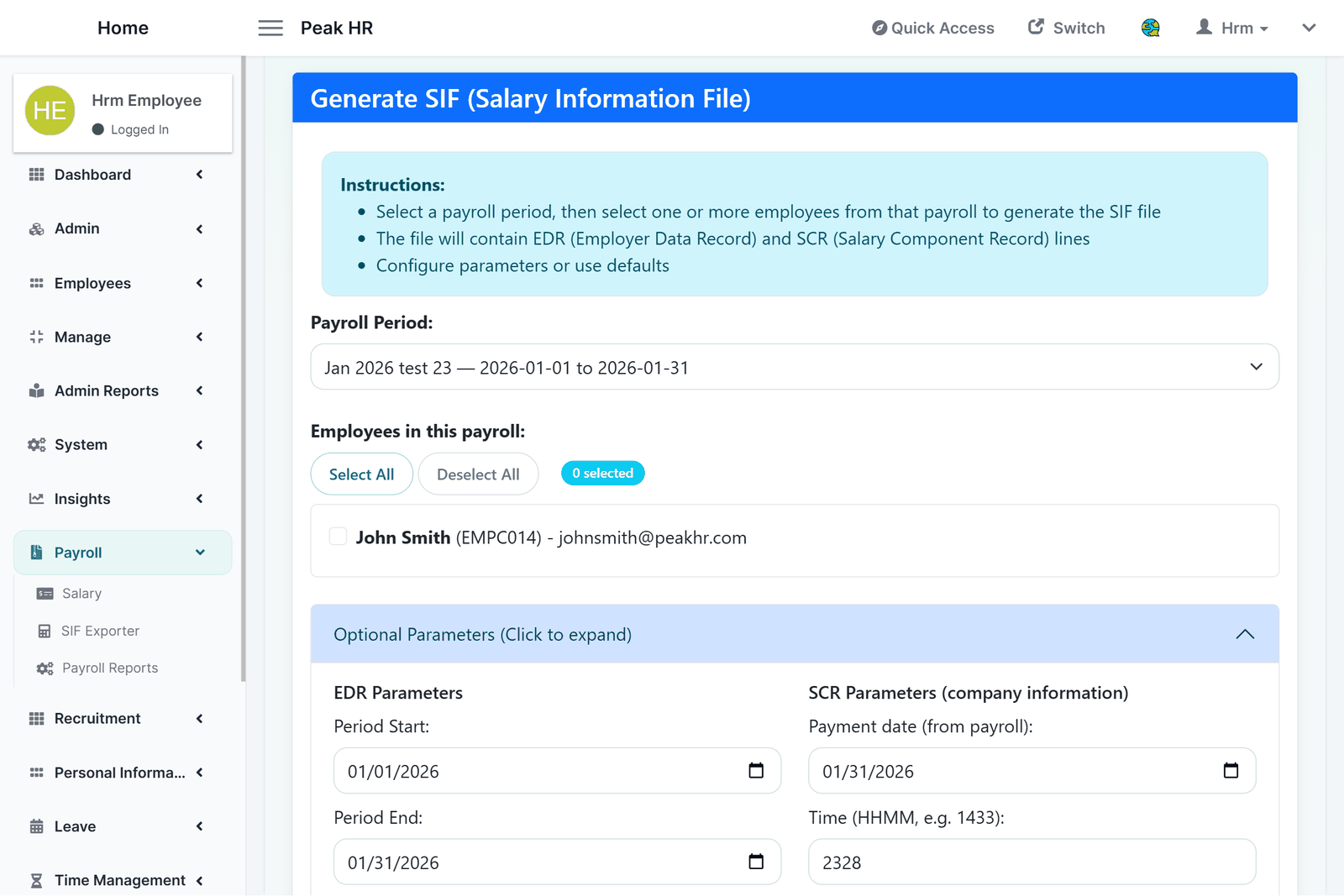 Peak HR WPS/SIF file generation screen for UAE payroll compliance exports